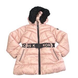 Michael Kors Jacket Coat Little Girls Size 4 Pink Black Belted Winter Puffer